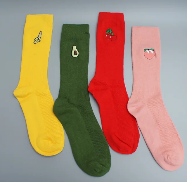 4 pairs women Socks Fruit embroidery cotton vintage crew sock colorsin