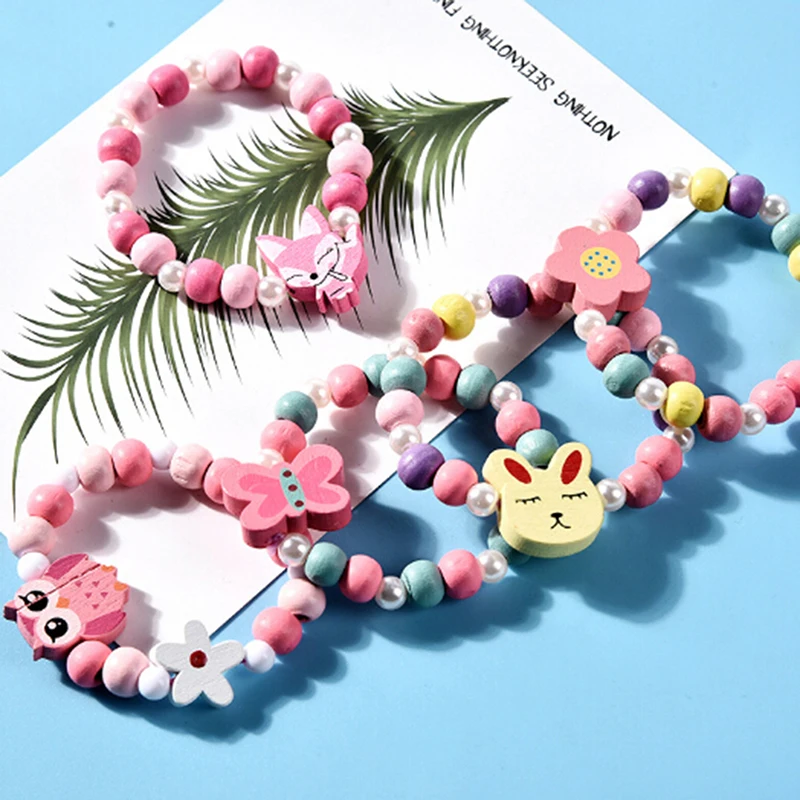 12Pcs/Set Girl's Wooden Flower Heart Animals Beads Necklace&Bracelet Jewellery 
