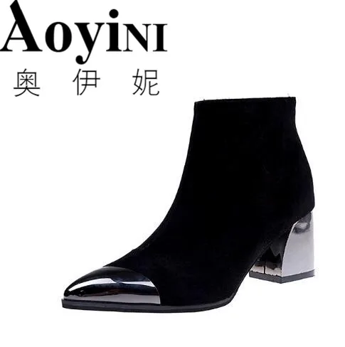 Популярные женские модные ботинки; Осенняя обувь из флока на шнуровке; ботильоны на среднем каблуке; mujer; обувь - Цвет: Черный