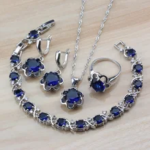 Винтажный 925 Серебряный цветок с натуральными камнями синий ювелирный набор для женщин серьги/ожерелье/браслет и кольцо наборы