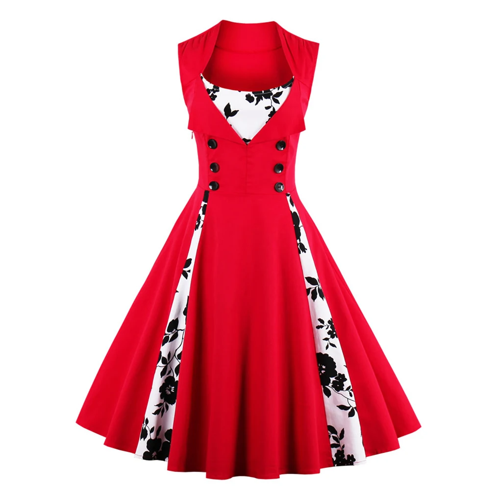 Sexy 50s Dot Elegant Summer Dress Patchwork Retro Dress Vintage Dress for Women Casual Evening Party Sleeveless Rockabilly