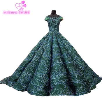 

2018 New Arabic Muslim Green Lace Sleeveless Long Train Bridal Gowns Waves Ball Gown Princess Vintage Wedding Dresses Gelinlik