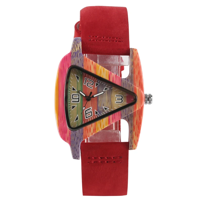 Уникальный дизайн треугольной формы циферблат бамбуковое дерево часы для женщин зеленый/красный кожаный ремешок Кварцевые женские наручные часы деревянные часы подарки - Цвет: Красный