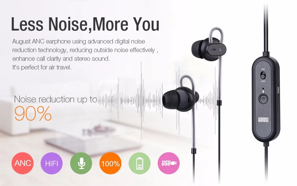 August EP720 Active Noise Cancelling Earphones with Microphone