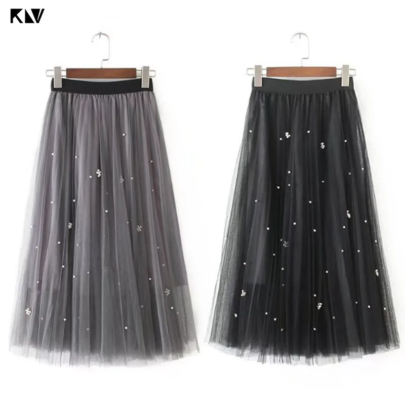 

KLV High Waist Multi Layers Mesh Maxi Long Tulle Skirt Faux Pearl Flower Embellishment Flowy Solid Color Party A-Line Skirt