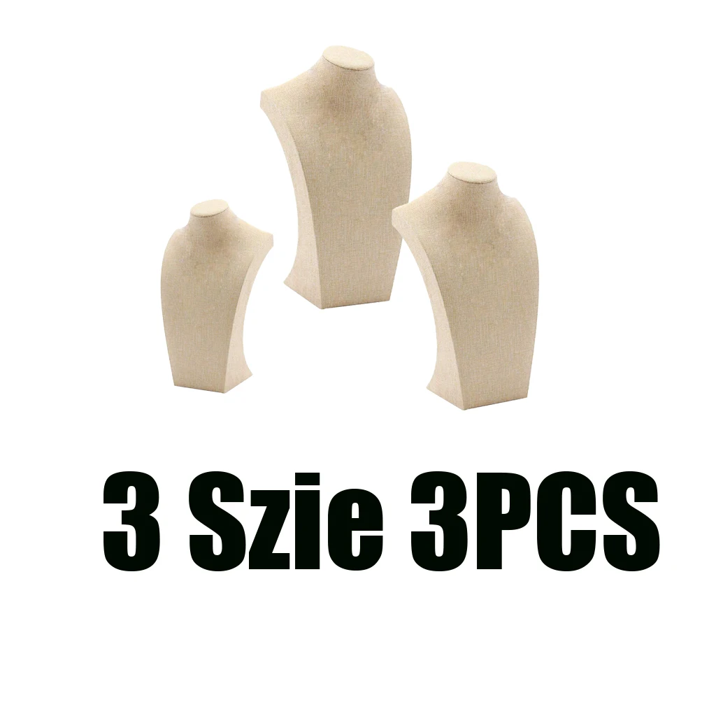 

3 Pcs Linen Wooden Necklace Display Bust Stand Mannequin - Jewelry Holder for Necklaces Chain, Choker, Pendant - Beige