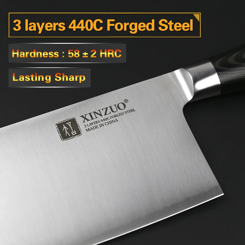 XINZUO 7'' Big Chinese Cleaver Knife 3 layer 440C Clad Forged German Stainless Steel Micarta Handle Kitchen Knives Cooking Tools