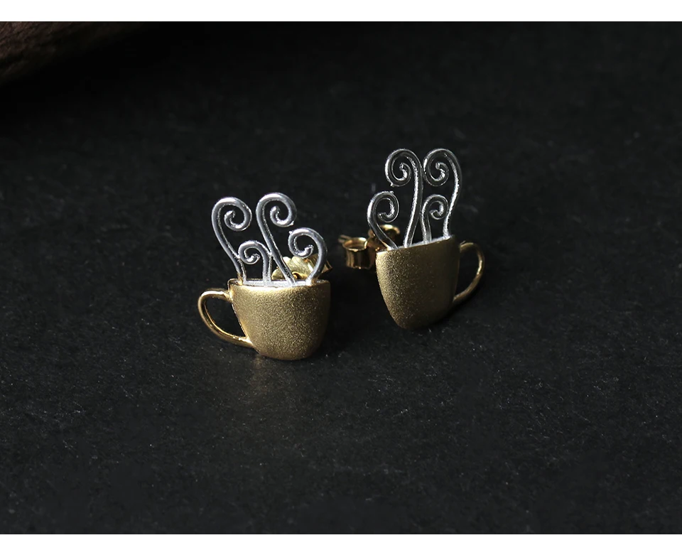 Muduh Collection Real 925 Sterling Silver Natural Creative Handmade Fine Jewelry Hot Coffee Cup Fashion Stud Earrings for Women Brincos