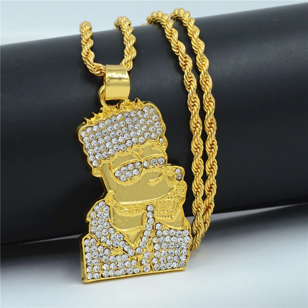 

HipHop Necklace&Pendant Crystal Cartoon Head Pendant Long Gold Chains Hip Hop Bling Necklace for Men