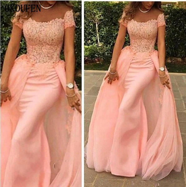 Elegant Long Formal Evening Dress 2017 Mermaid Scalloped Cap Sleeve Top Lace Floor Length Pink Arabic Style Prom Dresses 副本