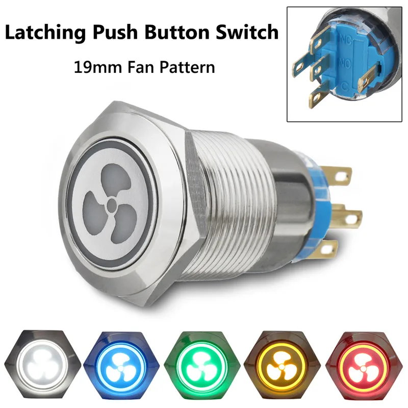 

19mm 12V LED Self Lock Fan Push Button Panel On-off Switch For Car Lorry Boat