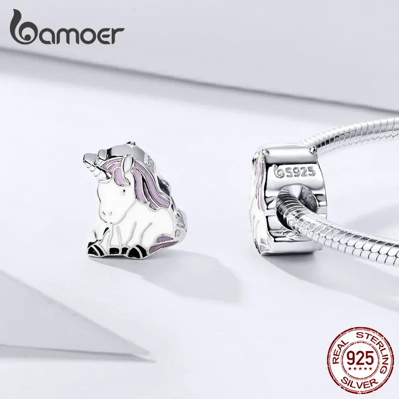 BAMOER 925 стерлингового серебра и эмали Lucky Charms Licorne животных, металлические бусины Подходит для Шарм серебряный браслет BSC074