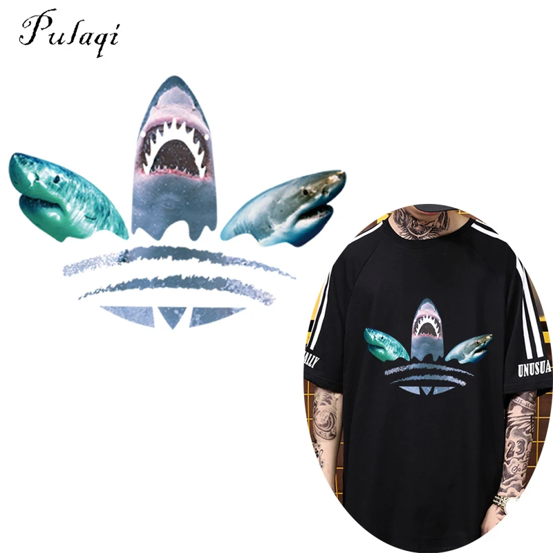 

Pulaqi Cool Shark Patches Punk Style Iron On Transfer Clothes Accessories Patch Heat Transfers Stickers for T-shirt Dresses B