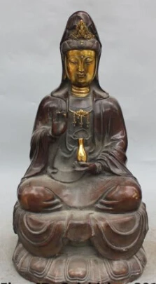 

JP S0219 15" Marked Chinese Buddhism Bronze Gilt Srat Kwan-yin Guan Yin Goddess Statue