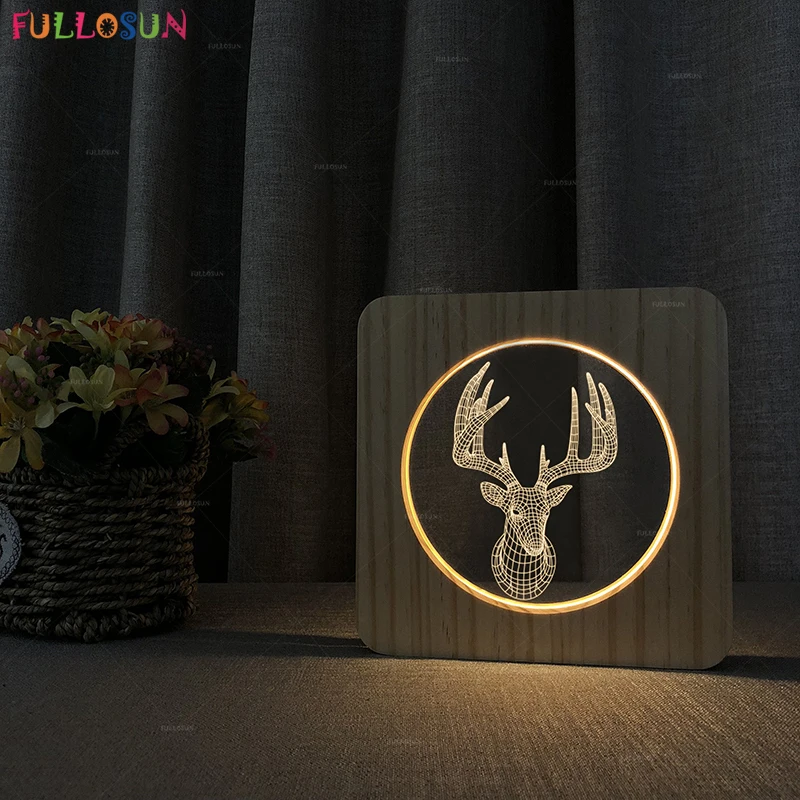 

Warm Color Acrylic 3D LED Night Light Illusion Optical Lamp Creative Deer Wooden Bedroom Table Lamp as Christmas Gift