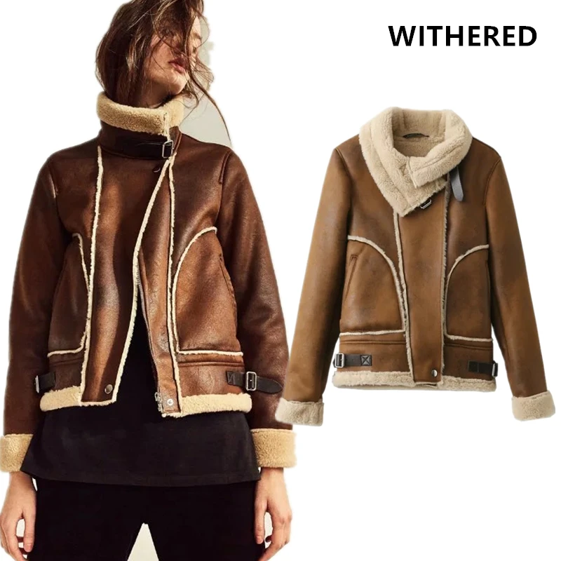 Увядшие Женская куртка-пилот 2017 Vintage Suede горячего тиснения расстроен тканью с
