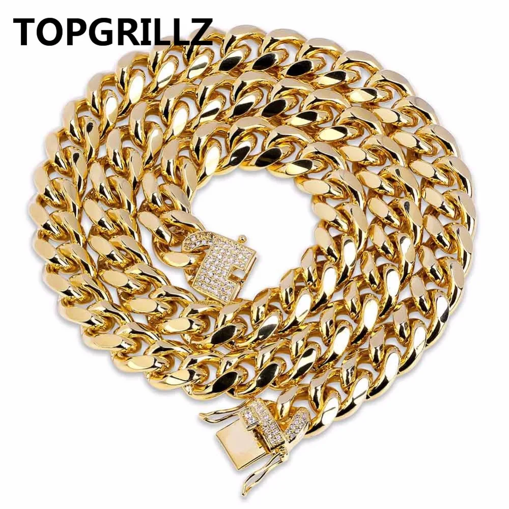 

TOPGRILLZ Gold Color Plated Cuban Chain Necklace With 1ct Lab Cubic Zirconia Clasp Hip Hop Necklace For Men 3 Sizes Available