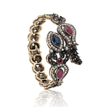 Vintage Turkish Tulip Flower Adjustable Bangle Cuff Antique Gold Color Resin Bracelet Ethnic Banquet Stage Jewelry Gypsy Bride