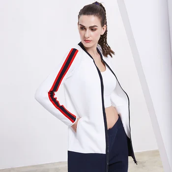 

BINAND Zipper Patchwork Striped Print Women Exercise Coat Stand Collar Slim Fit Windproof Female Top Outdoor Jogging Sportshirt