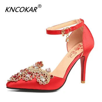 

Spring And Autumn Pointy High Heel Chinese Wedding Shoes Water Drill Wedding Shoes Hollowed-Out Size Sandals For Women x1093