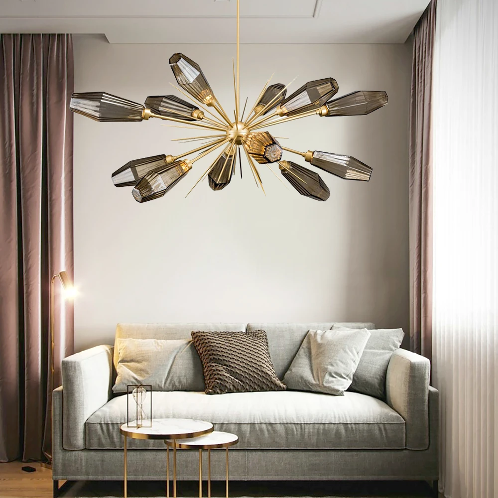 

Modern Smoky Gray Glass Lamp Chandelier For Living Room Luxury Gold Round hanging Chandeliers Lighting LED Home Light Fixtures