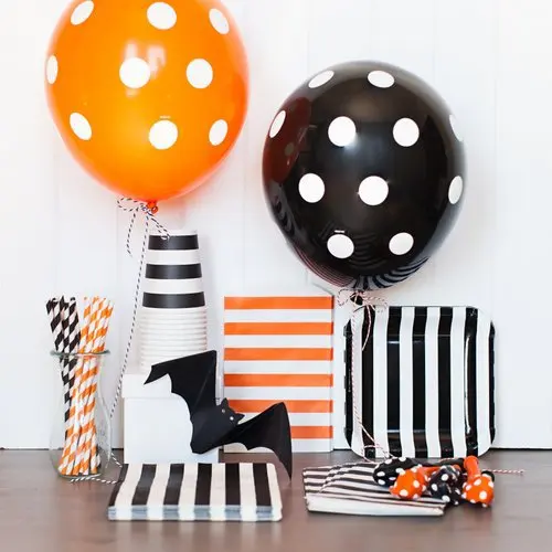 pgp halloween party tableware kit polka dot balloons paper stripes cups straws napkins