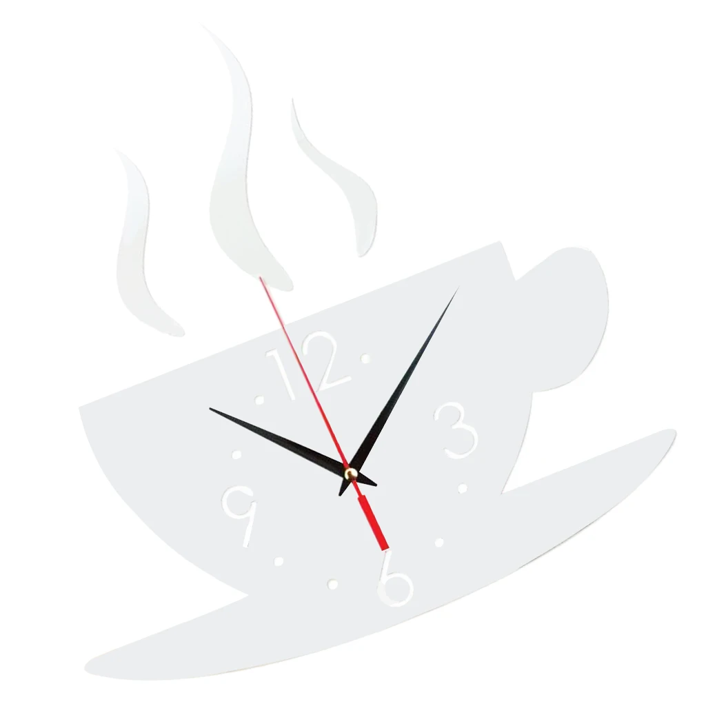 3D DIY Sticker Wall Clock, Mirror Effect Coffee Cup Shaped Large DIY Wall Clock for Living Room Bedroom Office, Easy to Install