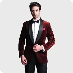 Модная одна кнопка бордовый бархат смокинг для жениха лацканы с отворотом для шафера мужские спортивные Пиджаки Костюмы (куртка + брюки +