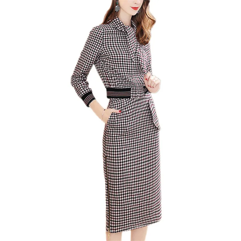 

Women Sets Spring New Temperament Slim Houndstooth Ladies Sets Skirt Autumn Elegant Goddess Fashion Femaleon Knitwear Sets Lj320