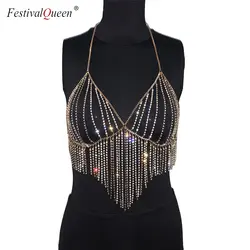 FestivalQueen bling tassel rhinestone crop Топы женские летние сексуальные золотые бриллиантовые металлические цепи вечерние Клубные танцевальные Топы на