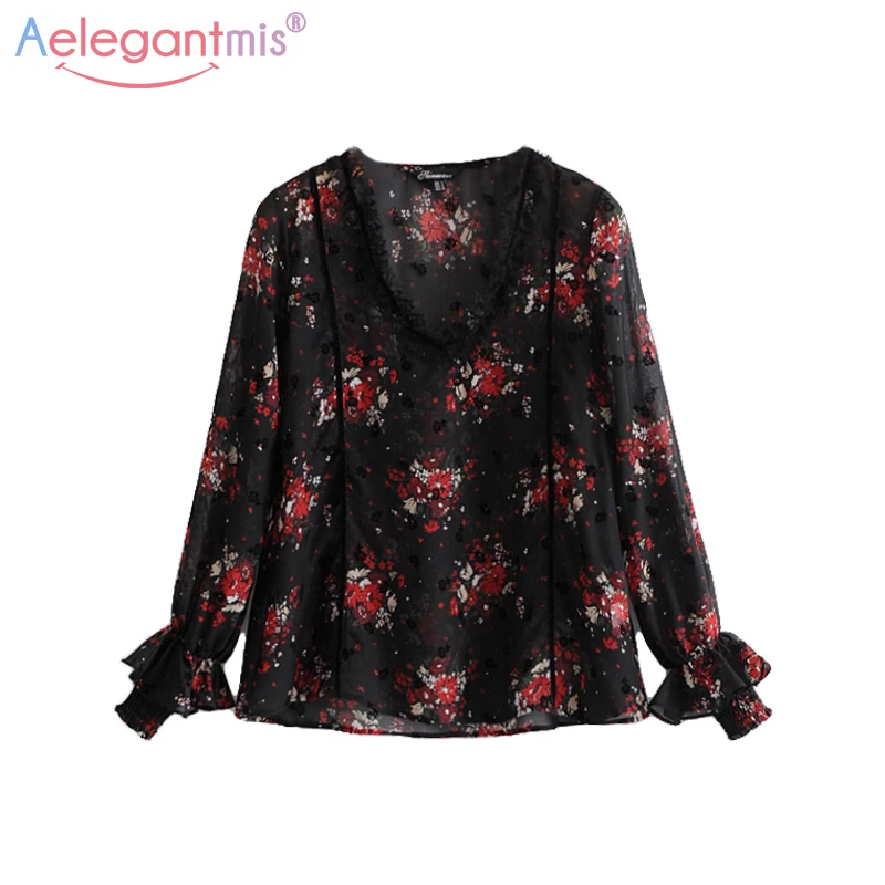 

Aelegantmis 2018 Spring Summer Women Sexy Perspective Deep V Neck Chiffon Blouse Ladies Casual Flowers Print Long Sleeve Tops