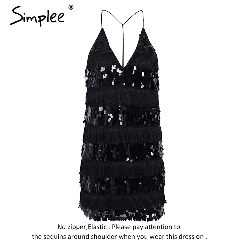 Женское платье Simplee с V-образным вырезом, пикантное вечернее черное мини-платье с открытой спиной, кисточками и блестками, рождественское короткое платье - Цвет: Черный