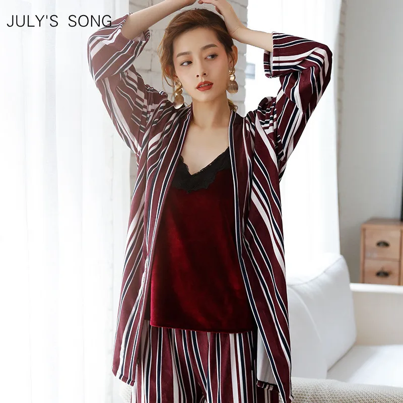 

JULY'S SONG Women Pajamas Set 3 Pieces Velvet Warm Sleepwear Lace Sexy Stripe Pajamas Winter Sleepwear Long Sleeves Long Pants