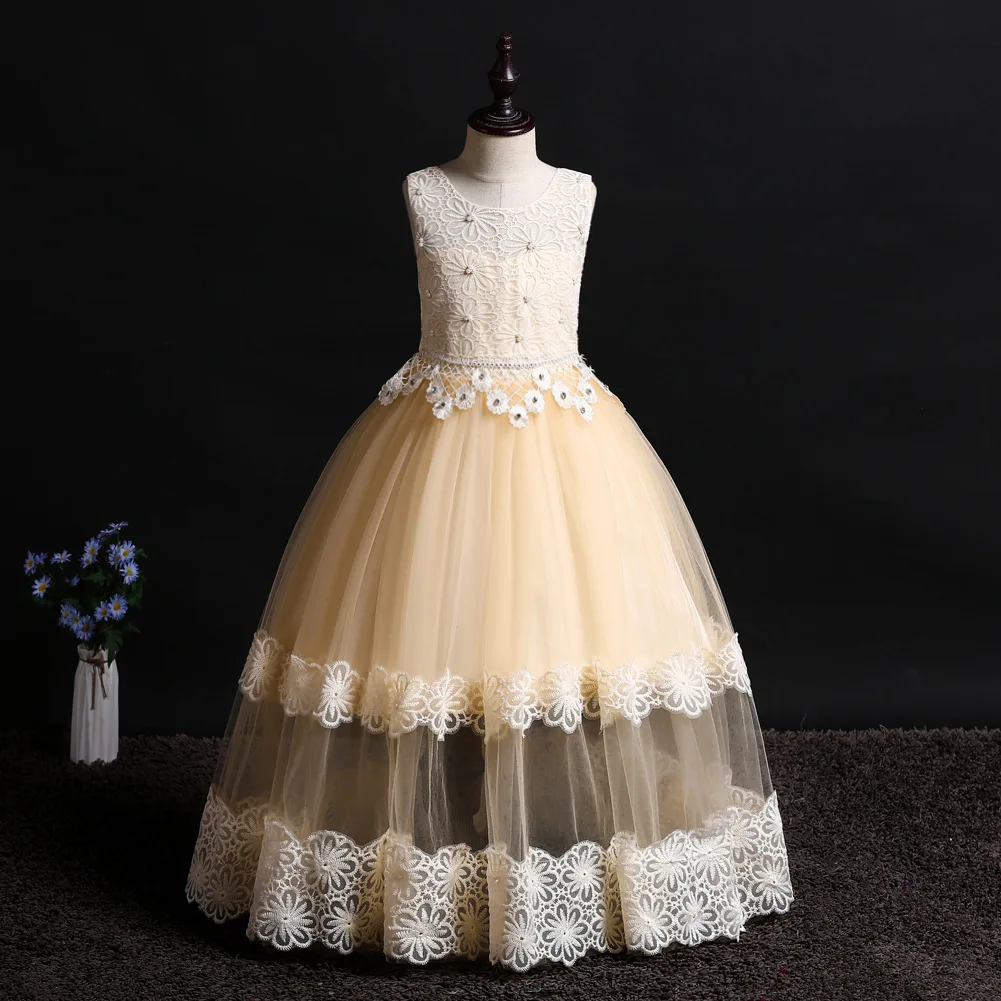 

Girls Elegant Wedding Flower Girl Dress Princess Party Pageant Formal Long Sleeveless Lace Tulle Ball Gown Children Clothing
