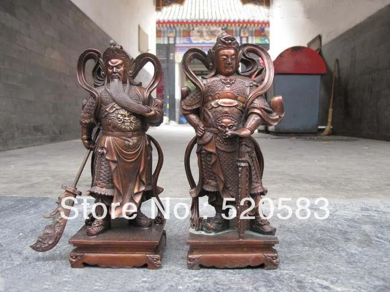 

China Bronze evil spirits door-god Guan Gong Wei Tuo warrior Buddha statue pair