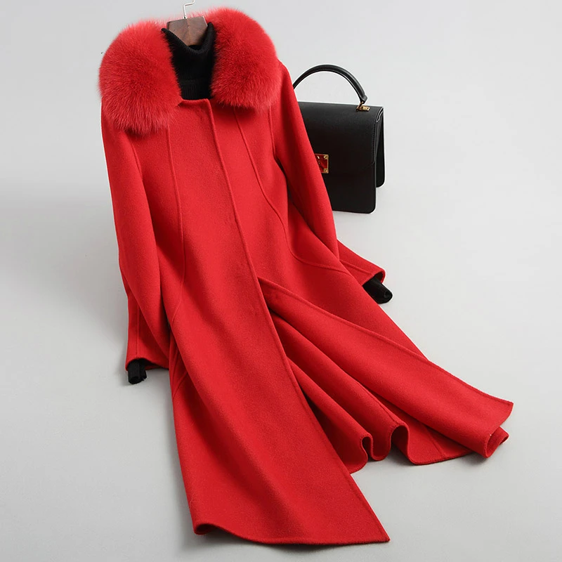 

100% Wool Coat Women 2019 Double-sided Woolen Coats Detachable Natural Fox Fur Collar Autumn Winter Jacket Z1153