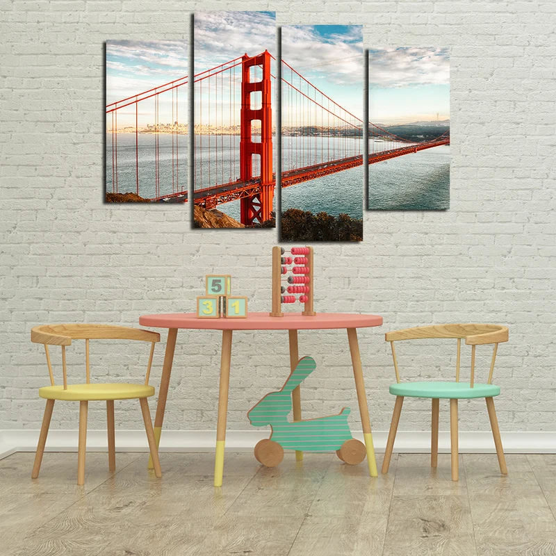 America Golden Gate Bridge 4 Panels Canvas Wall Art Cityscape Canvas Prints Paintings on Canvas for Living Room Wall Decorations (6)