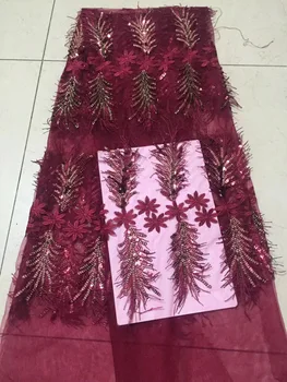 

2018 Beautiful african laces High quality french lace fabric with Sequins Wine Red Color lace Ribbon for nigeria Wedding Dress