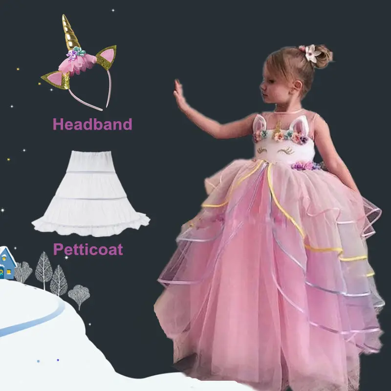 

Girls Unicorn Dress Kids Flower Fluffy Ball Gown Floor Length Children's Evening Party Princess Long Tulle Tiered Tutu Dresses