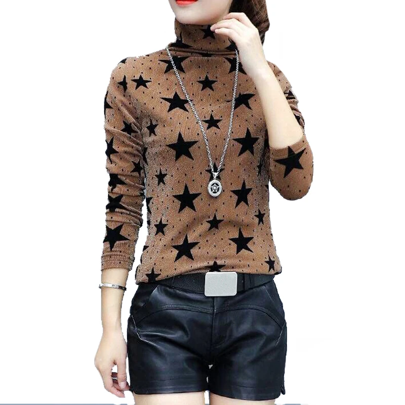 

New Spring Casual Fleece Geometric Star Print Girl Pullovers Yarn Turtleneck Thin Green Hoodies Women Slim Elasticity Sweatshirt