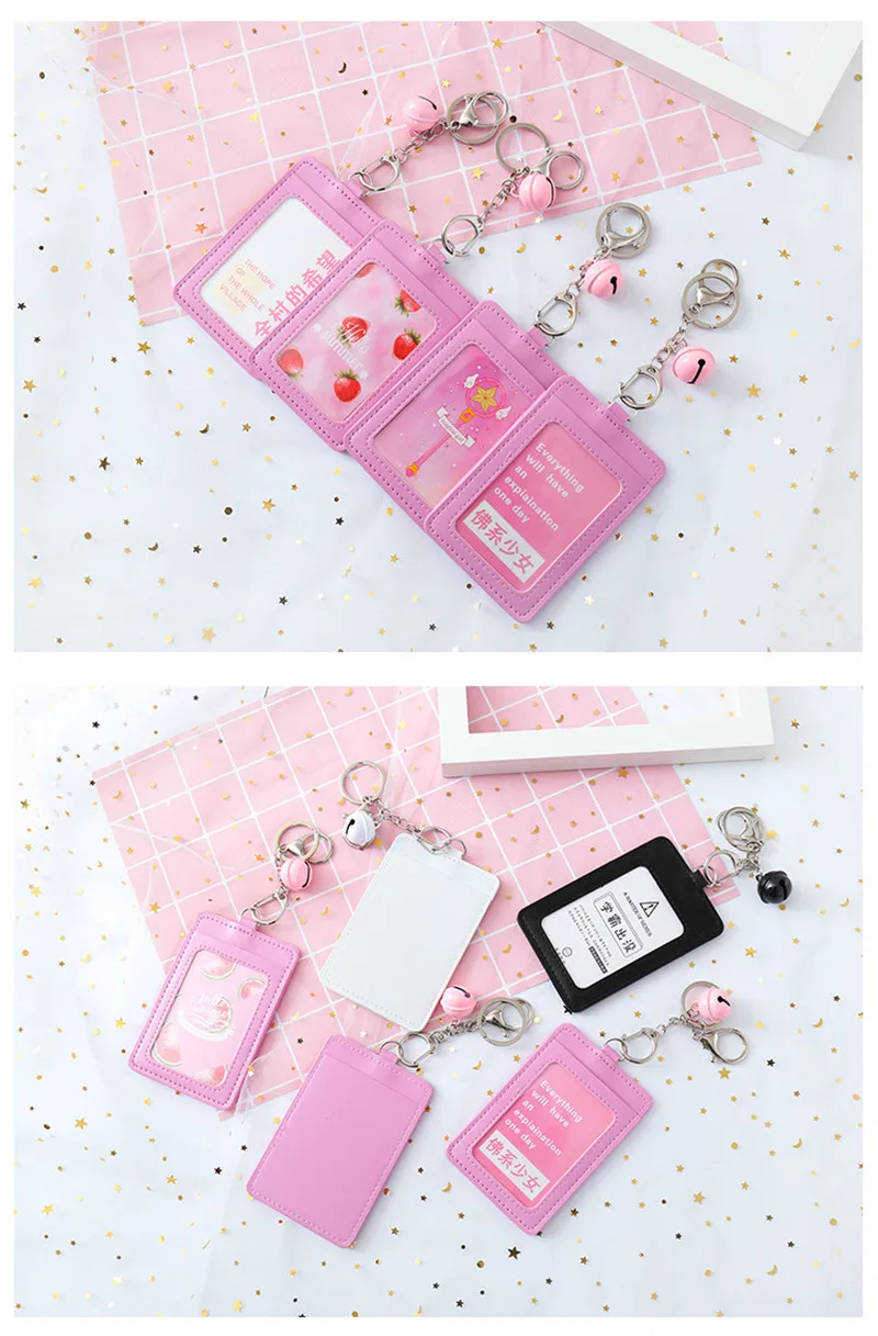 Pink Girl ID Card Holder PU Wallet With Small Bell Student Bus Card Set Cover Women Holder Bags Travel Accessories
