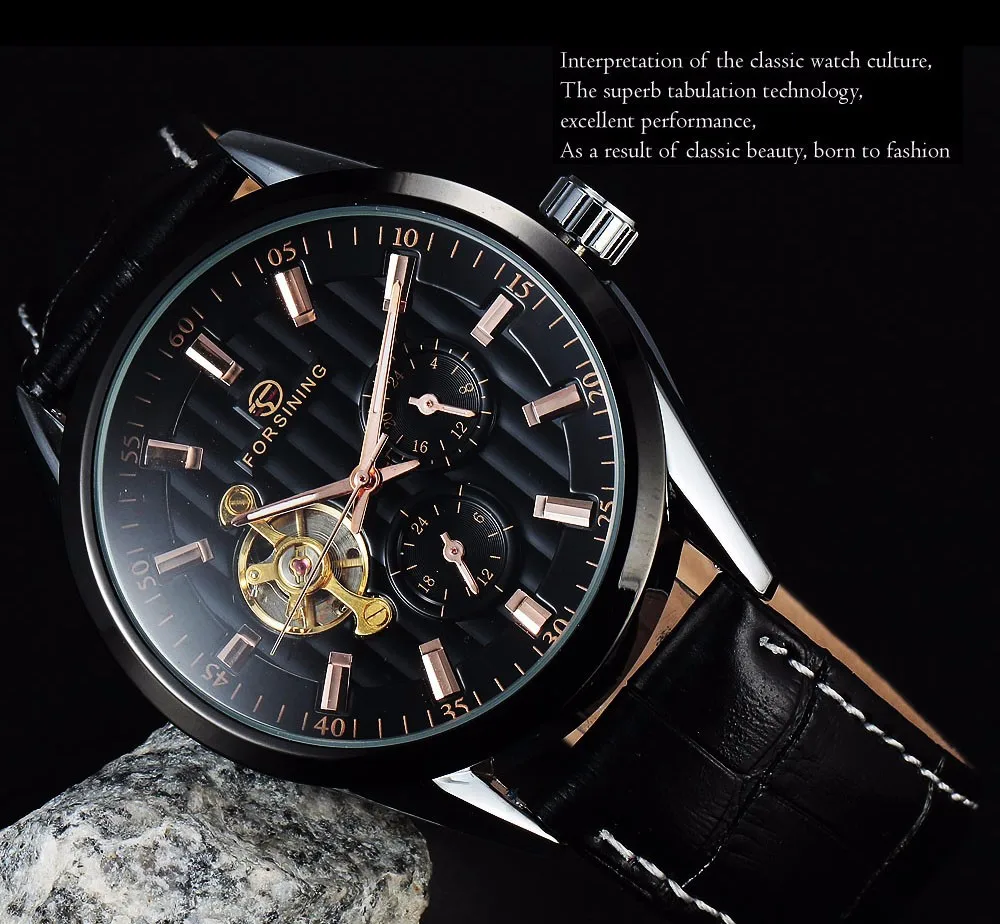 Forsining классический турбийон Обёрточная бумага мужские Часы роскошные часы золотой случае Календари мужской часы черный механические часы
