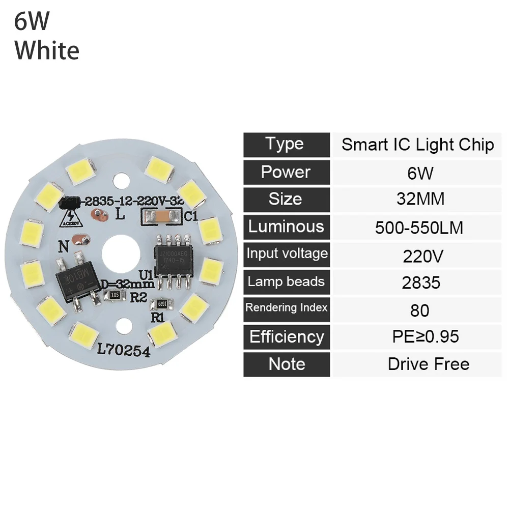 DIY светодиодный ламповый светильник AC220V с входом, умный IC светодиодный фасоли, светодиодный светильник SMD 15 Вт 12 Вт 9 Вт 7 Вт 5 Вт 3 Вт, теплый белый - Испускаемый цвет: 6W white