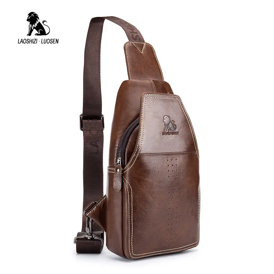 LAOSHIZI Genuine Leather Chest Bag for Men Messenger Bags Vintage
