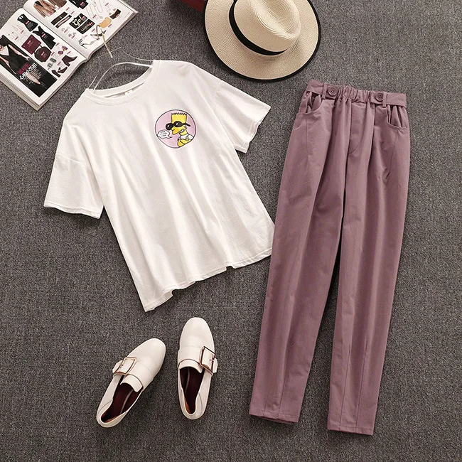 

2019 Summer New Arrival Fashion 2 Piece Pants Sets Wome Loose Cartoon Printed Short Sleeve Tshirt + Ankle-Length Haram Pants