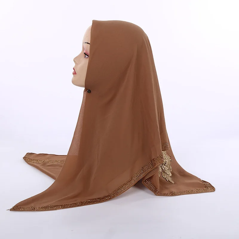 Высокое качество Жемчуг шифон квадратный хиджаб шарф с аппликацией большой цветок Декор Ислам для женщин роскошные бриллианты края мусульманская шаль