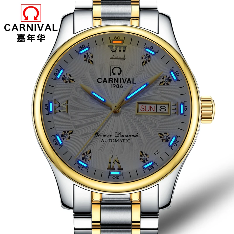 Карнавал автоматический механизм синий газ светящиеся роскошные часы мужские