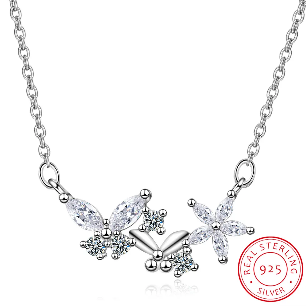 

925 Sterling Silver Flower Star Zirconia Butterfly Clavicle Chain Pendant Necklace choker kolye Colar Fine Jewelry For Women