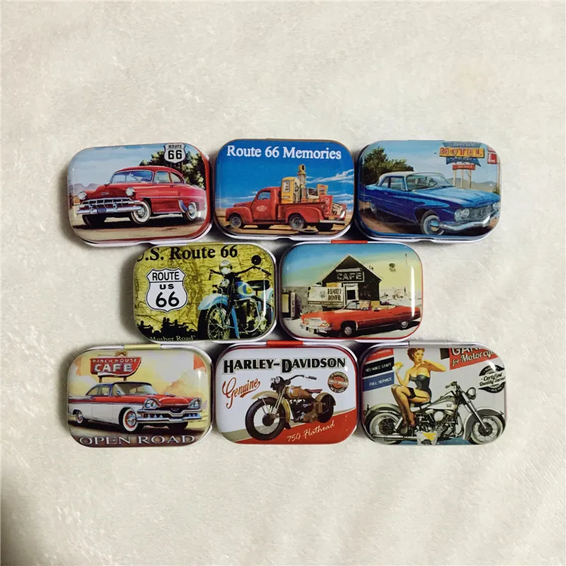 

32pcs/box Retro Car Motorcycle US Route 66 Collectables Tin Boxes Vintage Mini Metal Storage Box Organizer Jewelry Box