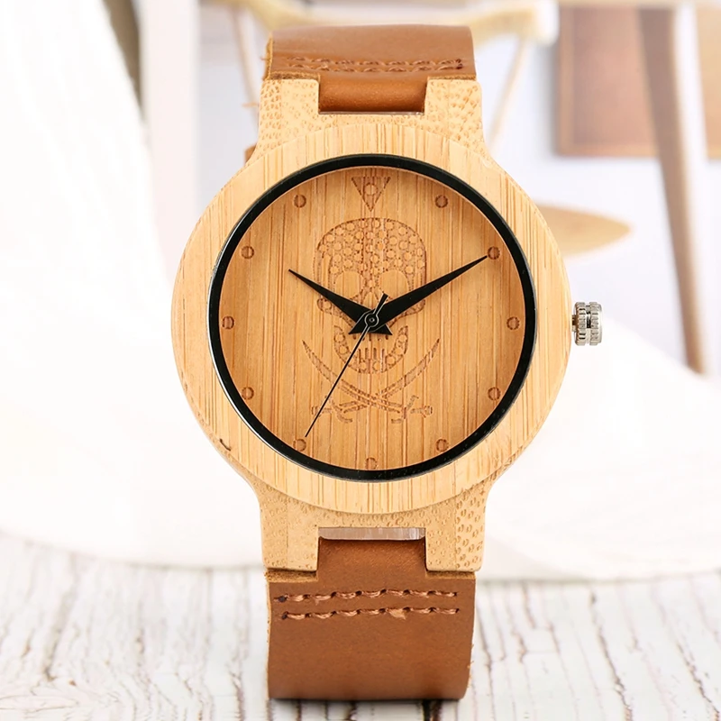 Natural Wood Watches Mens Skull Pirate Steampunk Wrist Watch Men's Watch Pure Bamboo Handmade Quartz Brown Genuine Leather Clock 2019 2020 (2)
